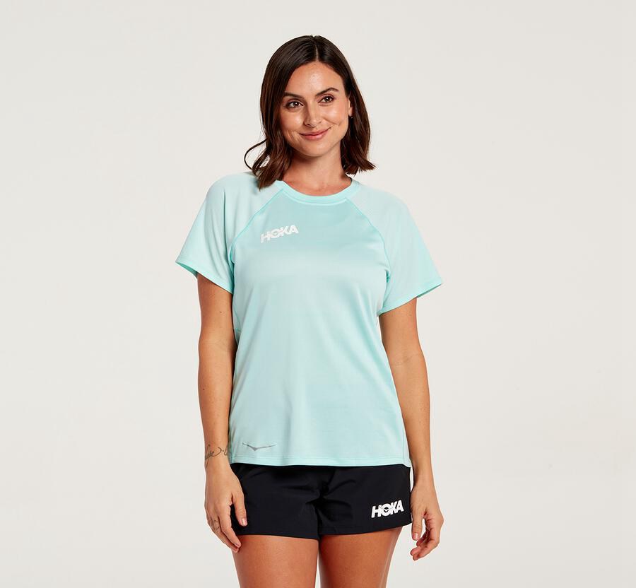 Hoka Australia One One Performance Short Sleeve - Womens Tops Blue - ADTUF-8953